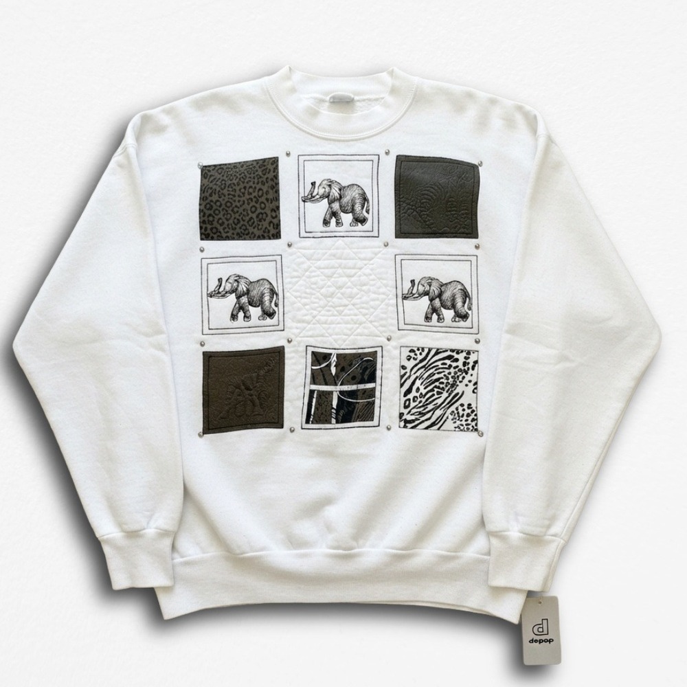Vintage PGB White Elephant Animal Print Patchwork Sweatshirt Small USA Made
